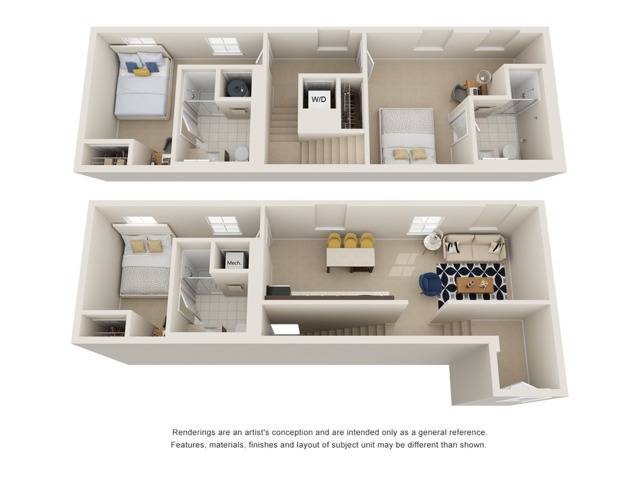 A 3D image of the 3BR/3BA – Townhome floorplan, a 1375 squarefoot, 3 bed / 3 bath unit