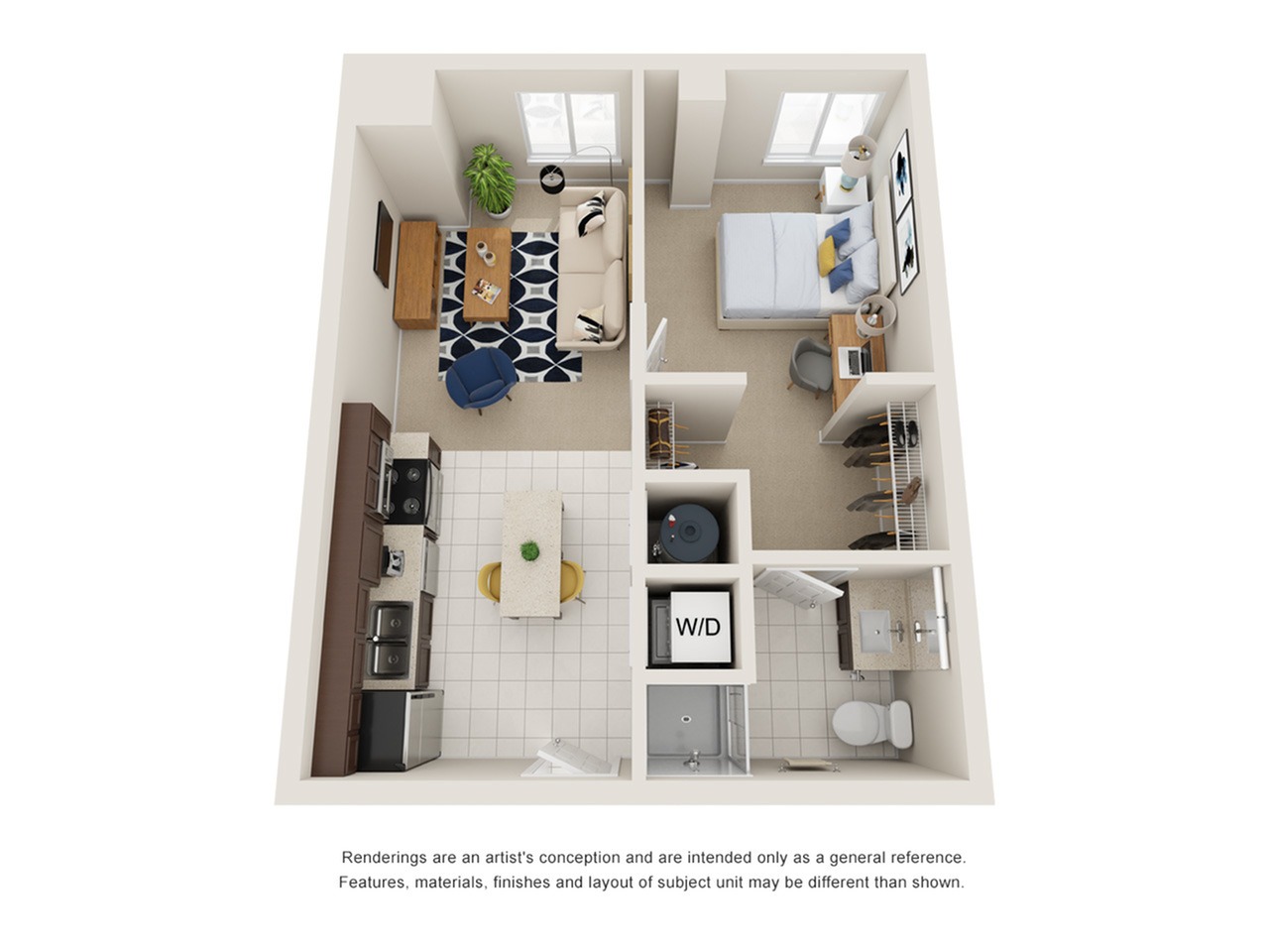 A 3D image of the 1BR/1BA – Standard floorplan, a 519 squarefoot, 1 bed / 1 bath unit