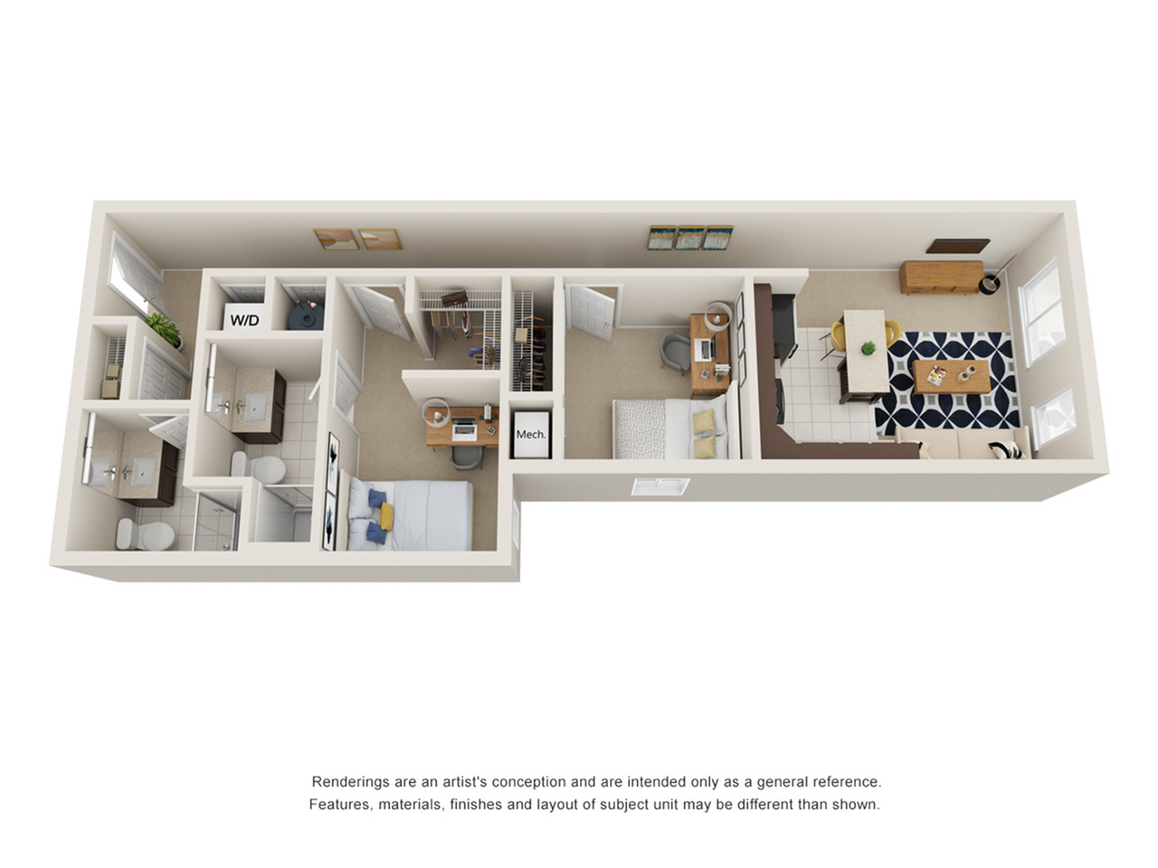 A 3D image of the 2BR/2BA – Standard floorplan, a 874 squarefoot, 2 bed / 2 bath unit