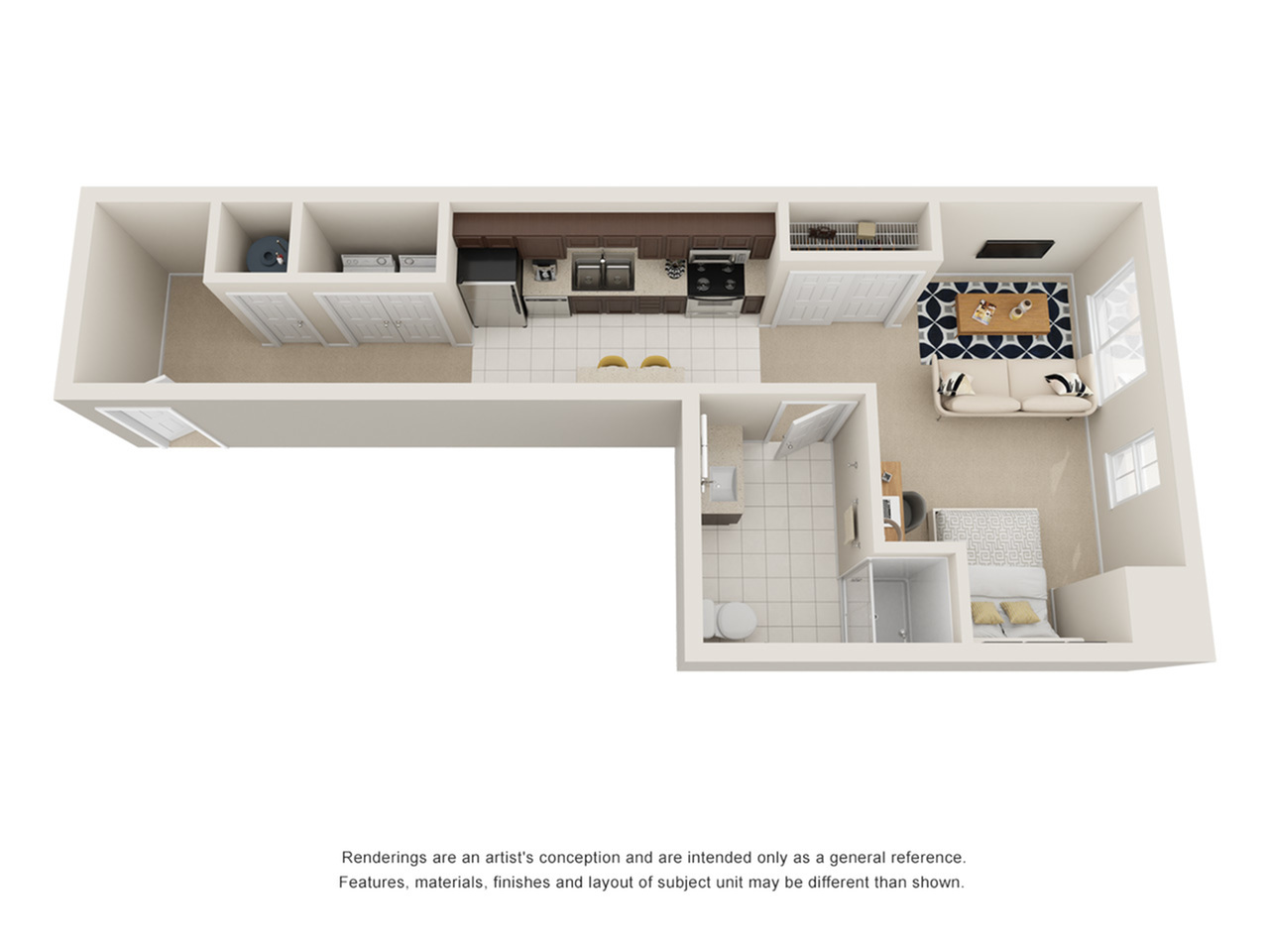 A 3D image of the Studio – Standard floorplan, a 570 squarefoot, 0 bed / 1 bath unit