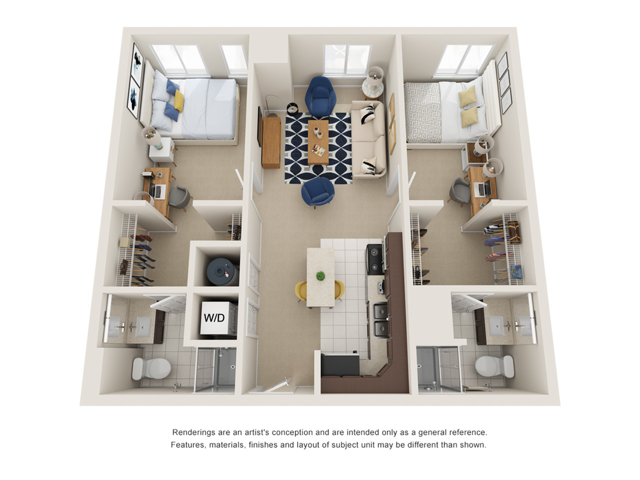 A 3D image of the 2BR/2BA – Premium floorplan, a 745 squarefoot, 2 bed / 2 bath unit