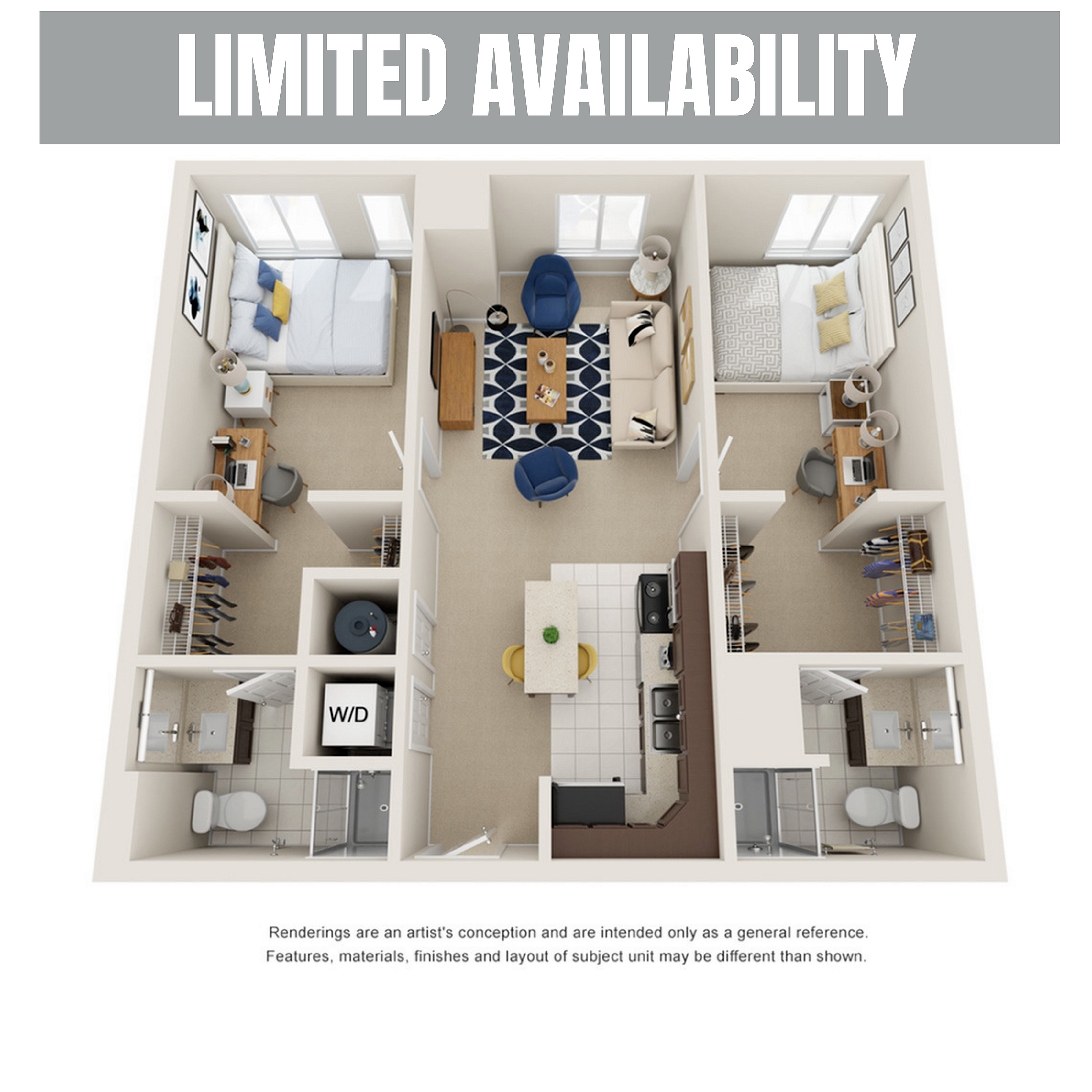 A 3D image of the 2BR/2BA – Premium floorplan, a 745 squarefoot, 2 bed / 2 bath unit