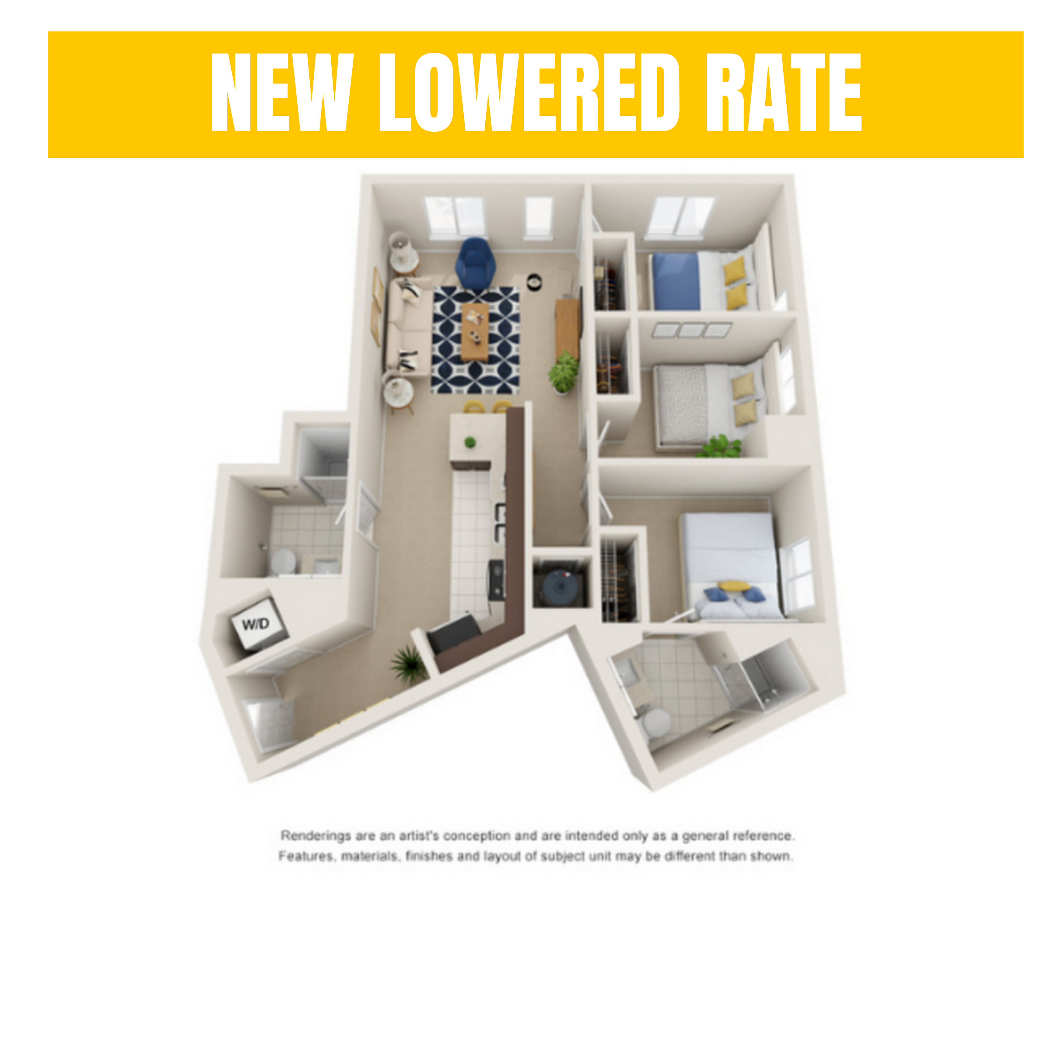 A 3D image of the 3BR/2BA – Standard floorplan, a 1045 squarefoot, 3 bed / 2 bath unit