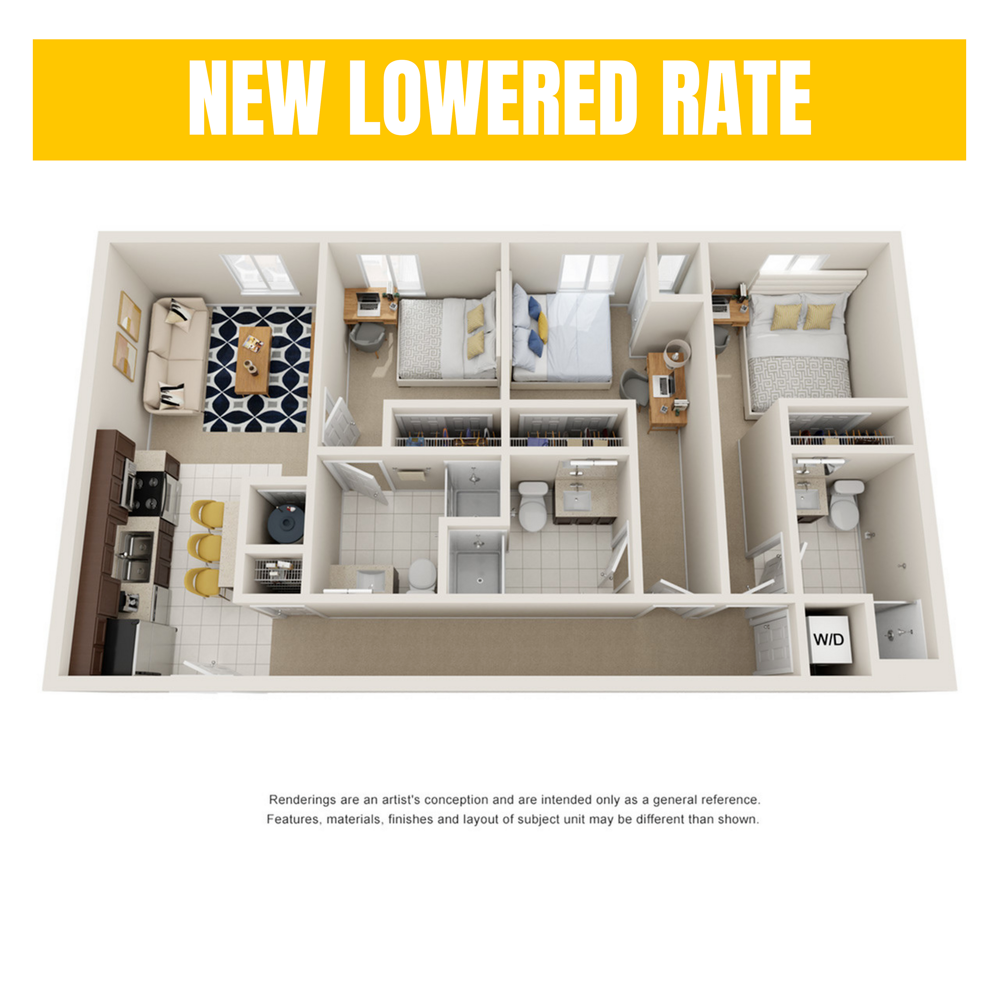 A 3D image of the 3BR/3BA – Premium floorplan, a 1079 squarefoot, 3 bed / 3 bath unit
