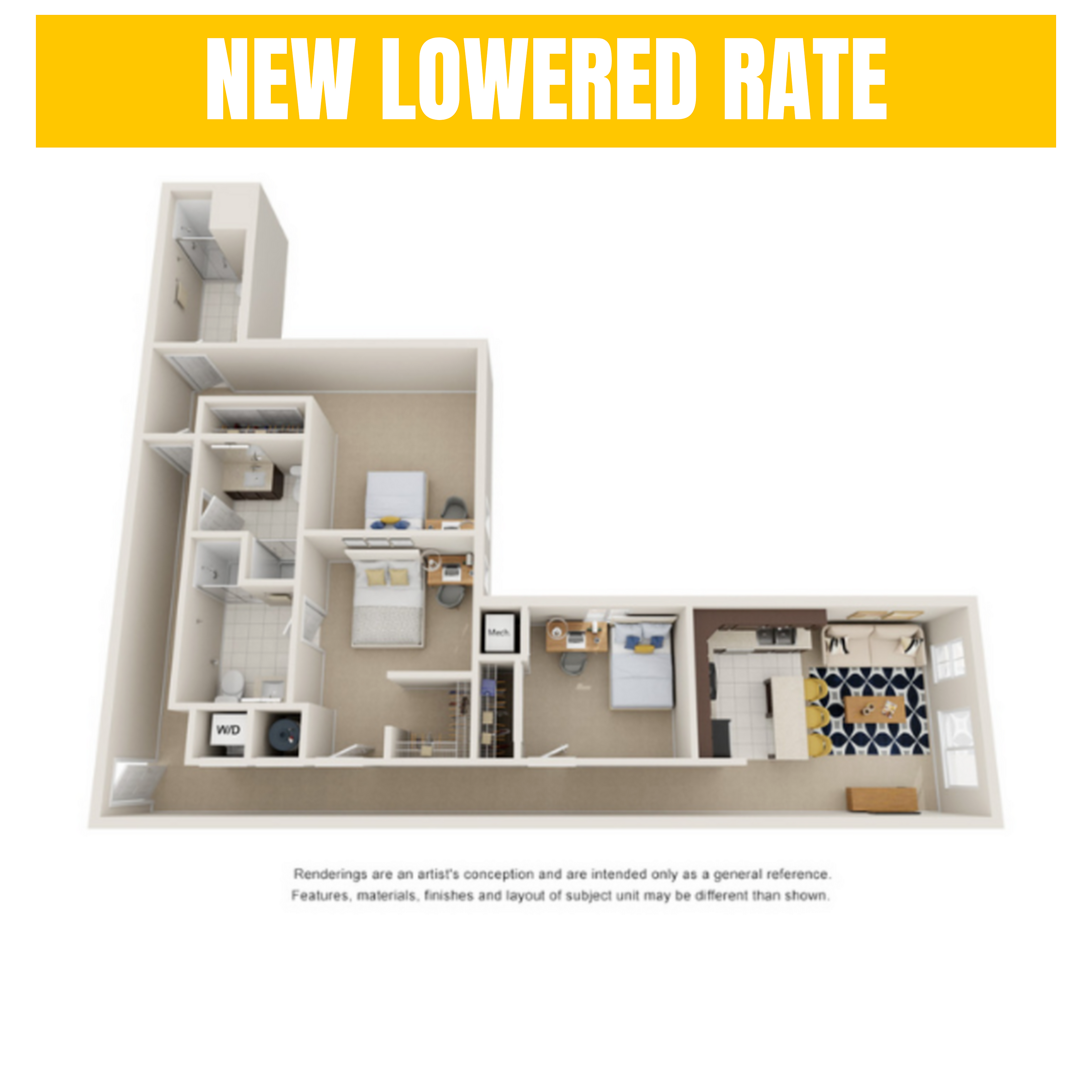A 3D image of the 3BR/3BA – Standard floorplan, a 1108 squarefoot, 3 bed / 3 bath unit