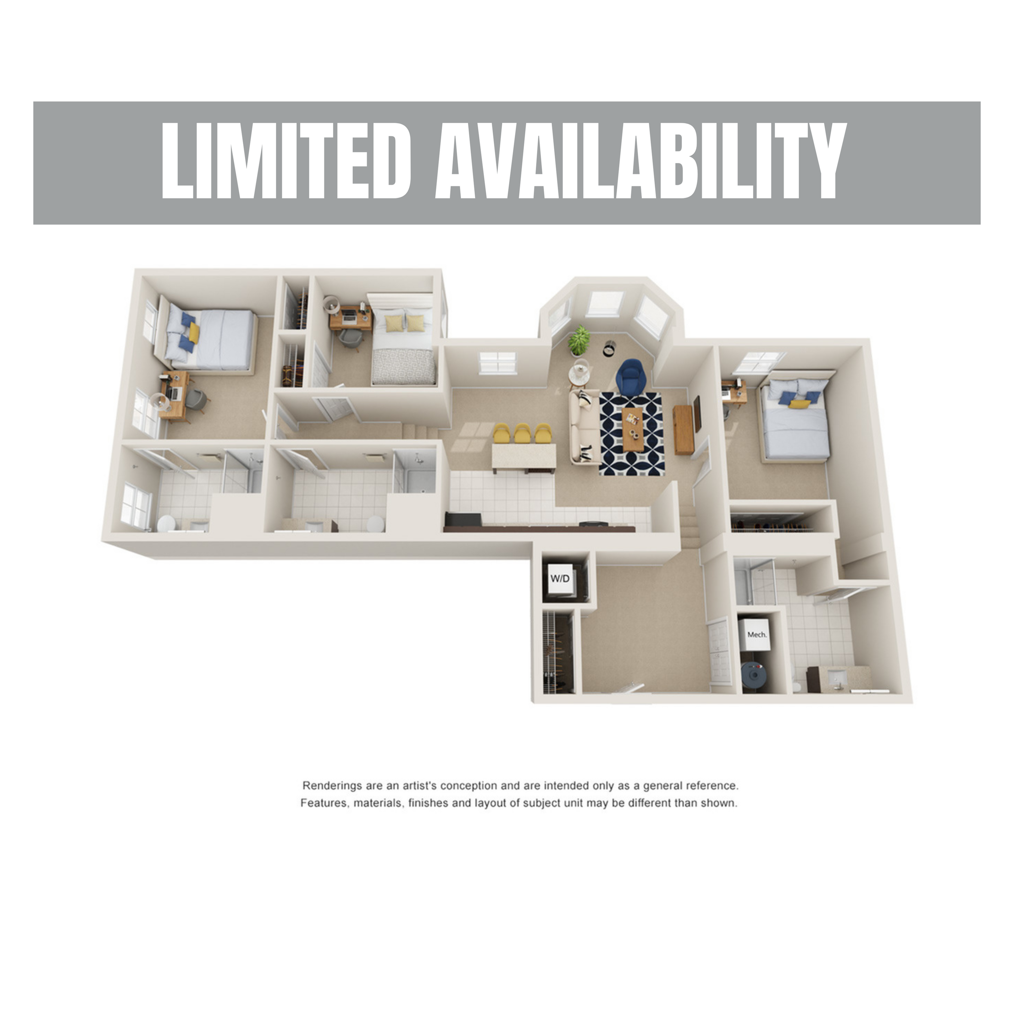 A 3D image of the 3BR/3BA – Bay floorplan, a 1207 squarefoot, 3 bed / 3 bath unit