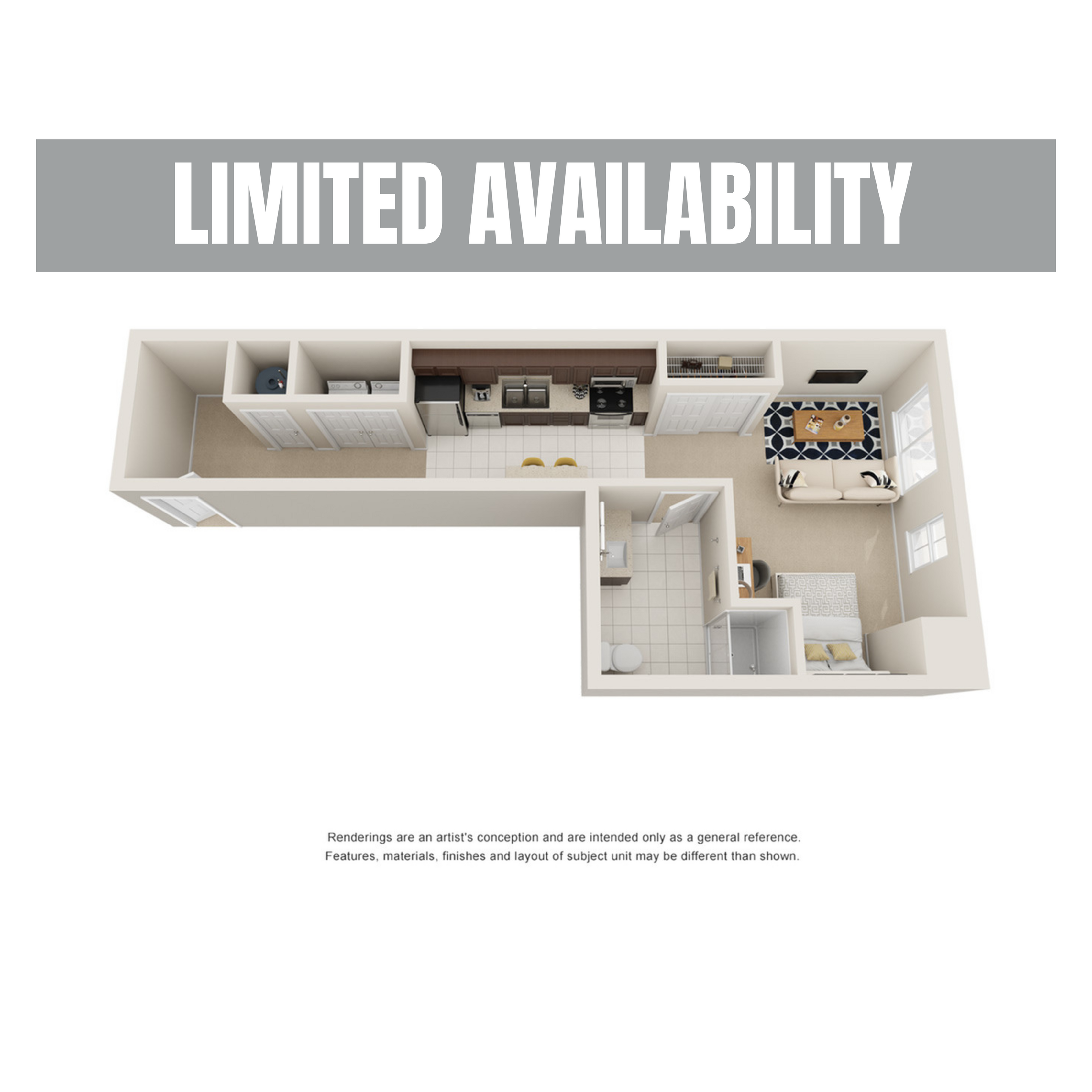 A 3D image of the Studio – Standard floorplan, a 570 squarefoot, 0 bed / 1 bath unit