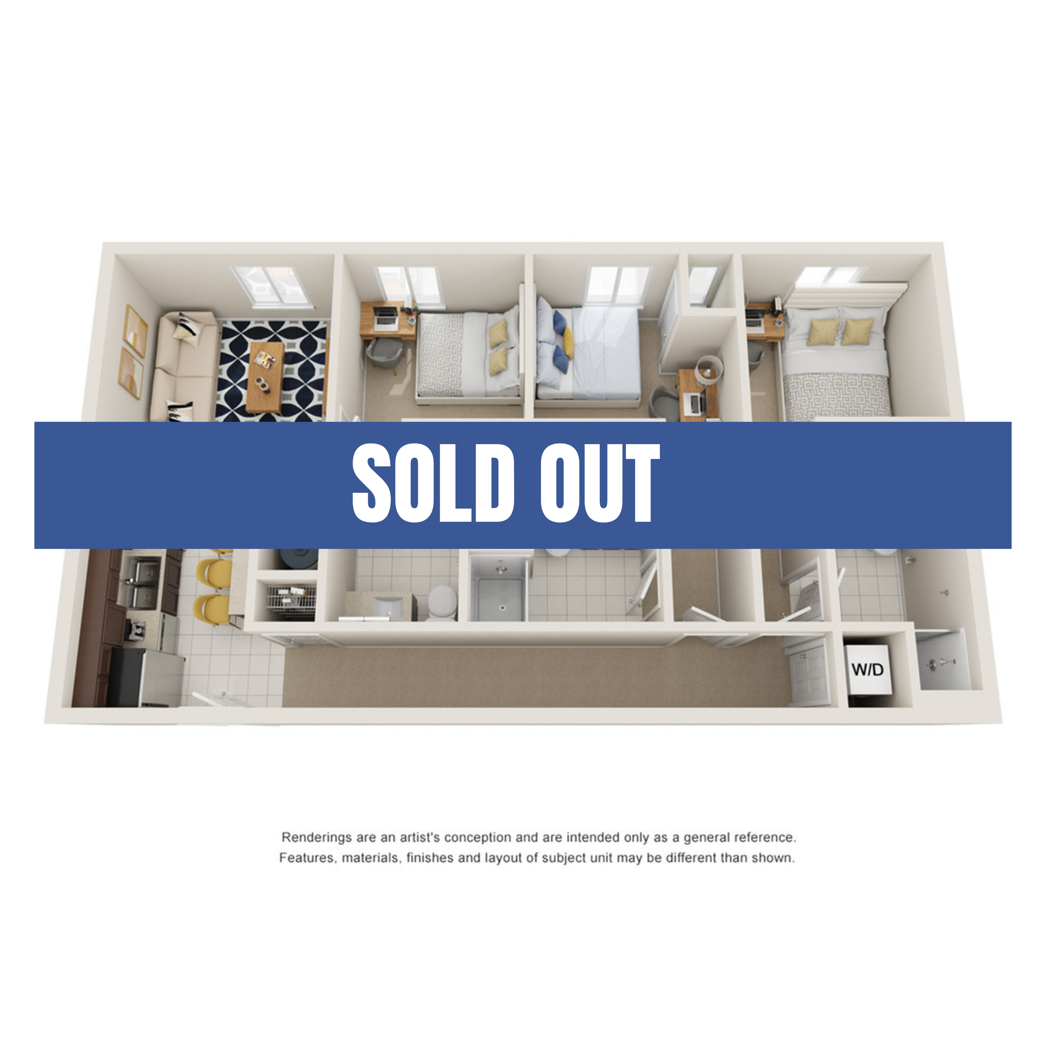 A 3D image of the 3BR/3BA – Premium floorplan, a 1079 squarefoot, 3 bed / 3 bath unit
