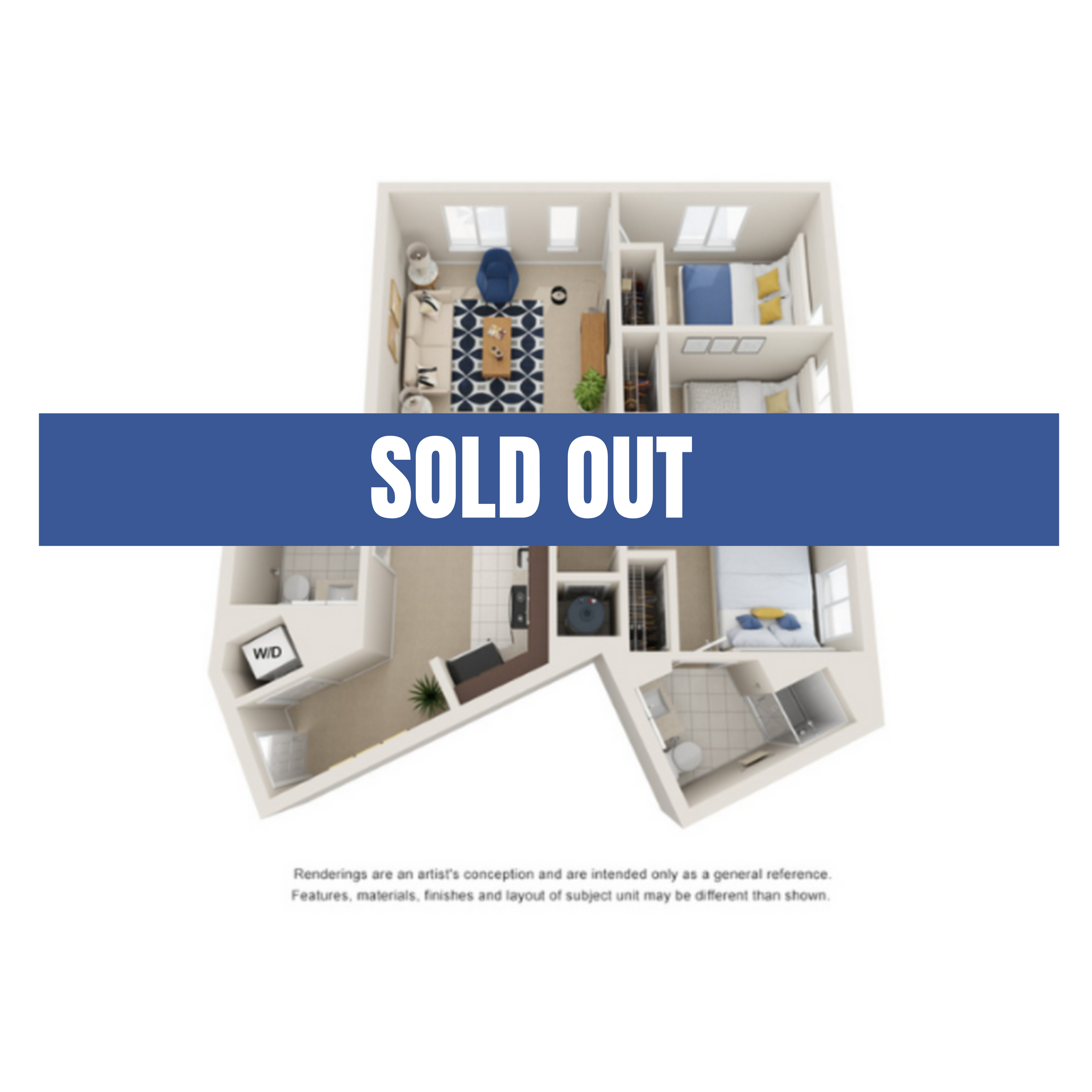A 3D image of the 3BR/2BA – Standard floorplan, a 1045 squarefoot, 3 bed / 2 bath unit