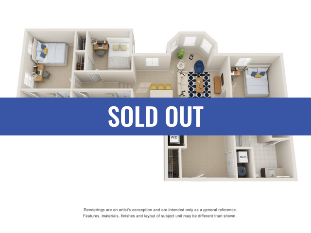 A 3D image of the 3BR/3BA – Bay floorplan, a 1207 squarefoot, 3 bed / 3 bath unit