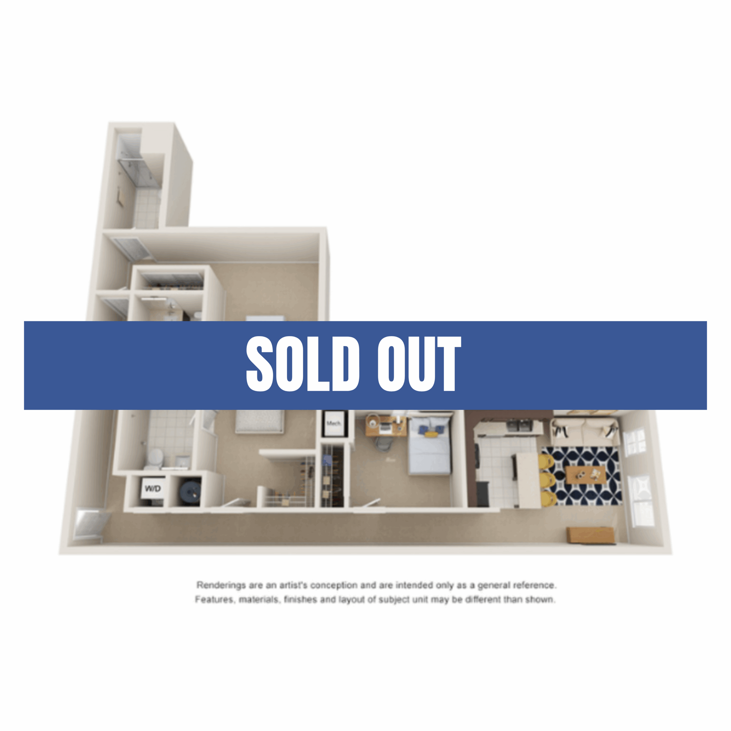 A 3D image of the 3BR/3BA – Standard floorplan, a 1108 squarefoot, 3 bed / 3 bath unit