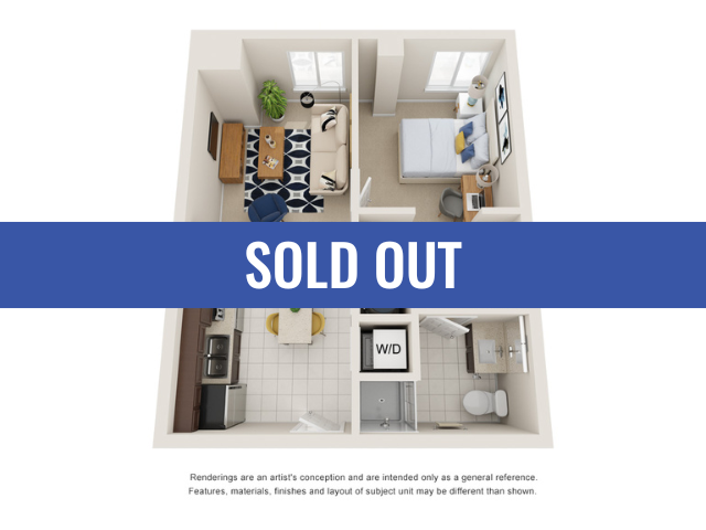 A 3D image of the 1BR/1BA – Standard floorplan, a 519 squarefoot, 1 bed / 1 bath unit