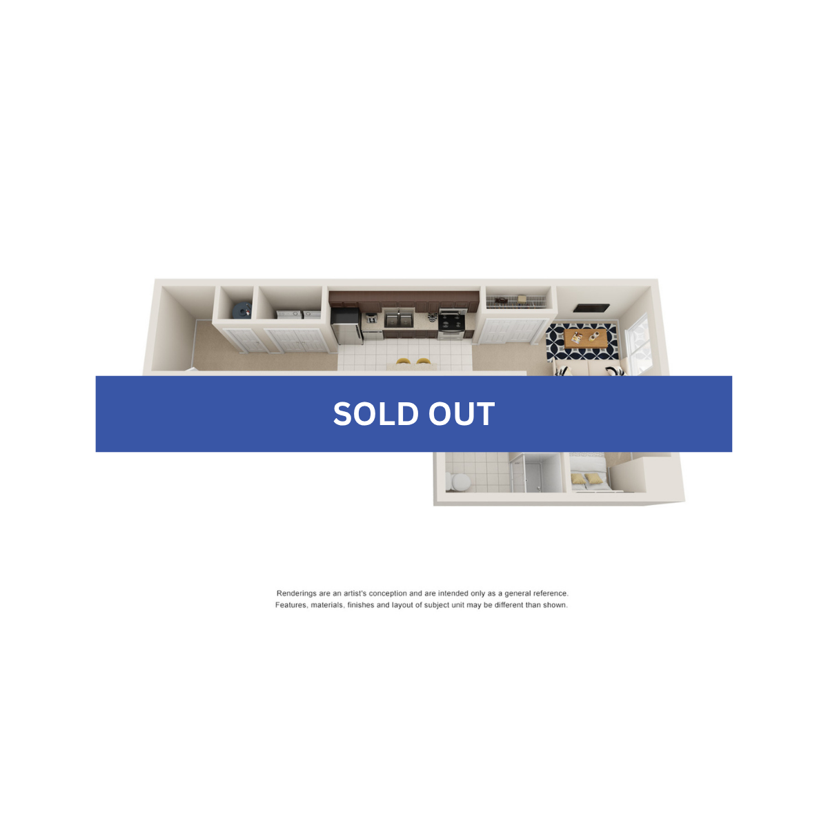 A 3D image of the Studio – Standard floorplan, a 570 squarefoot, 0 bed / 1 bath unit