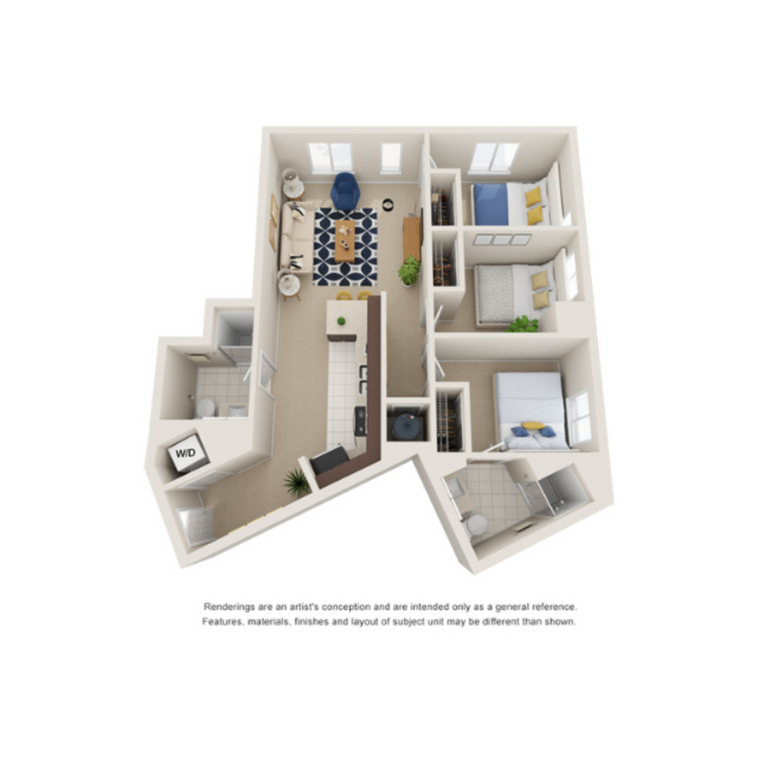 A 3D image of the 3BR/2BA – Standard floorplan, a 1045 squarefoot, 3 bed / 2 bath unit